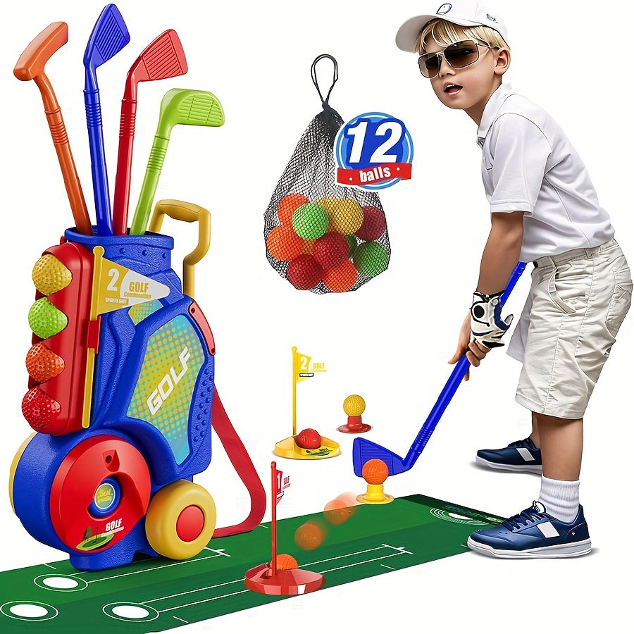 upgraded golf toy set with 12 balls, blue golf cart and shoulder straps, indoor and outdoor sports toys, Christmas/Thanksgiving/Easter gift giving